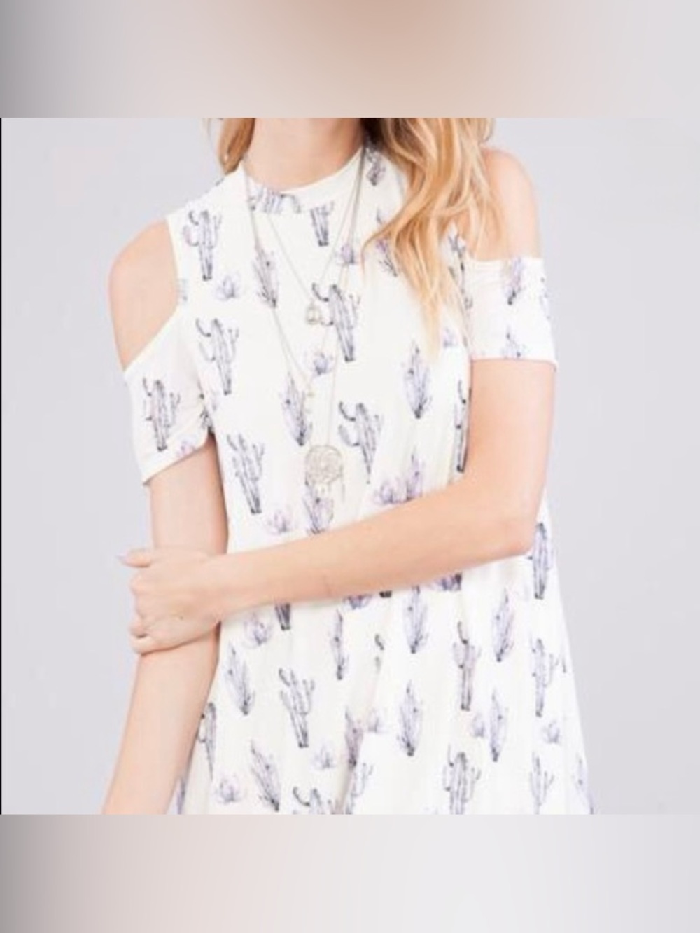 Peach Love California White Cold-Shoulder Cactus Print Dress Women's Size SM